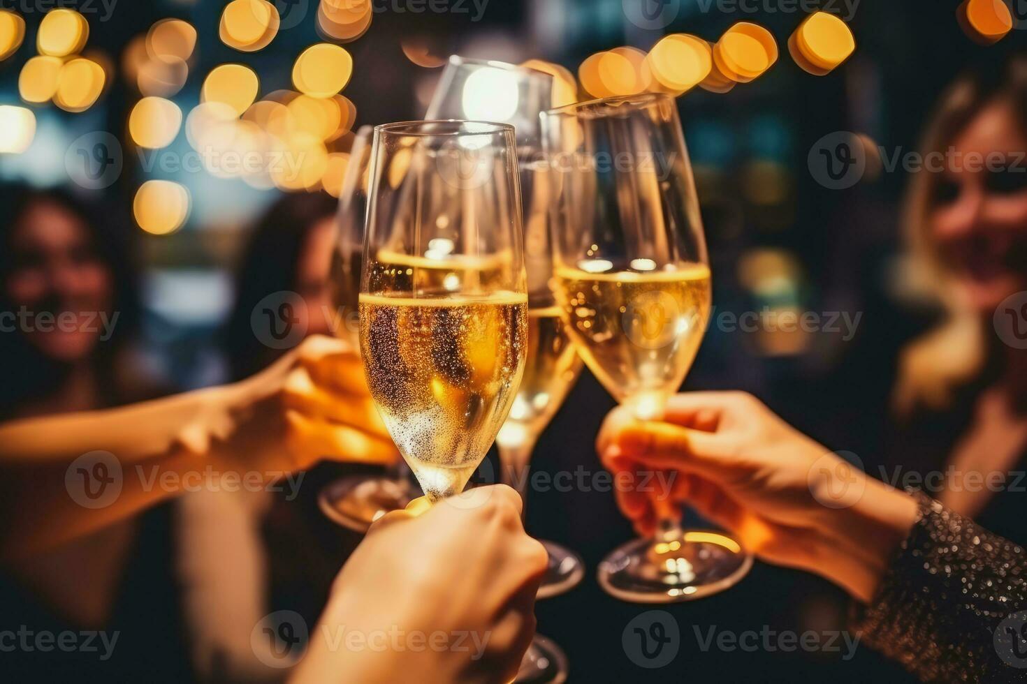 Friends celebrating and champagne glasses with gold bokeh blur background, Generative AI. photo