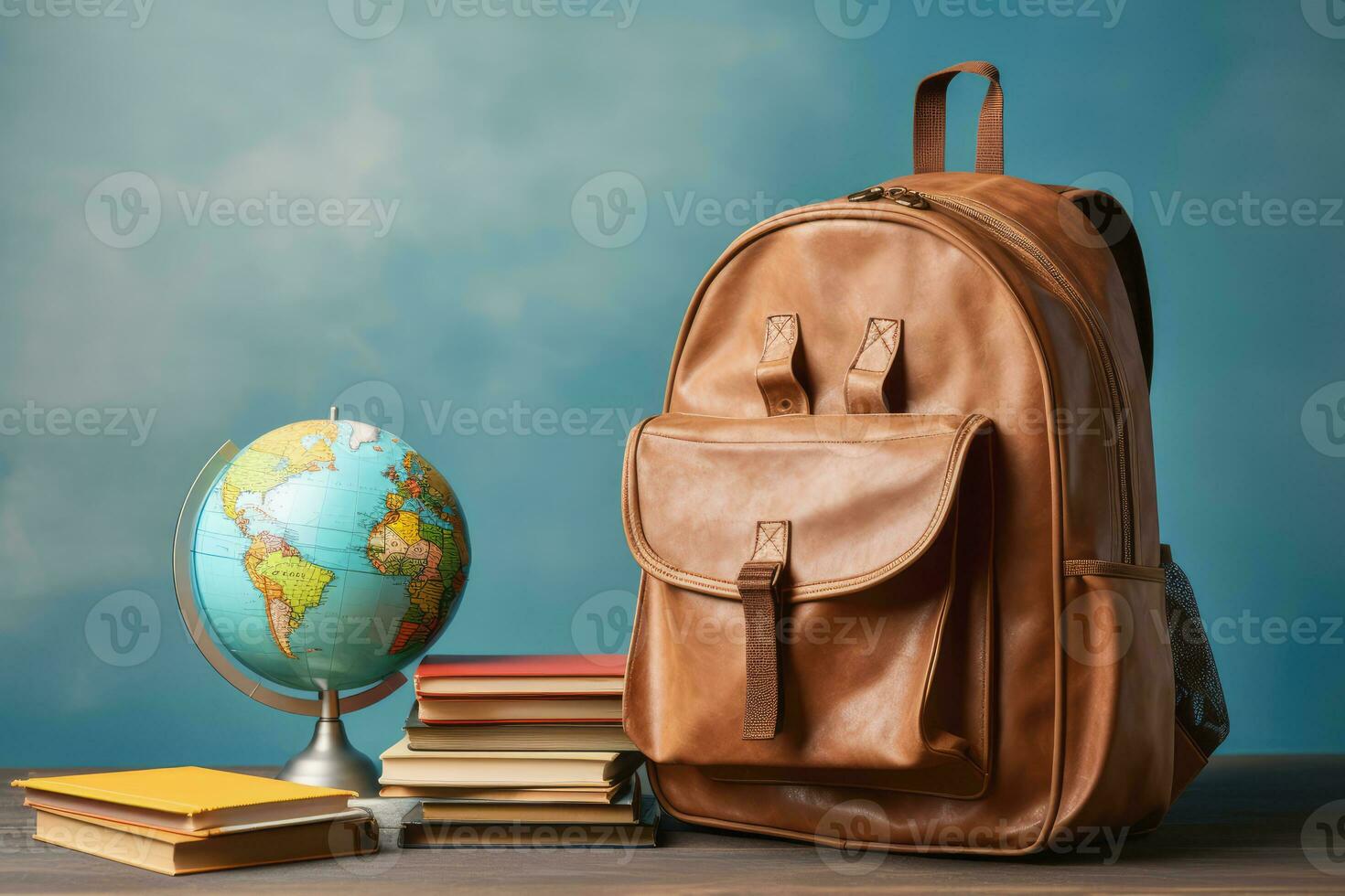 Concept education, books stacked with world map on the table, Generative AI. photo