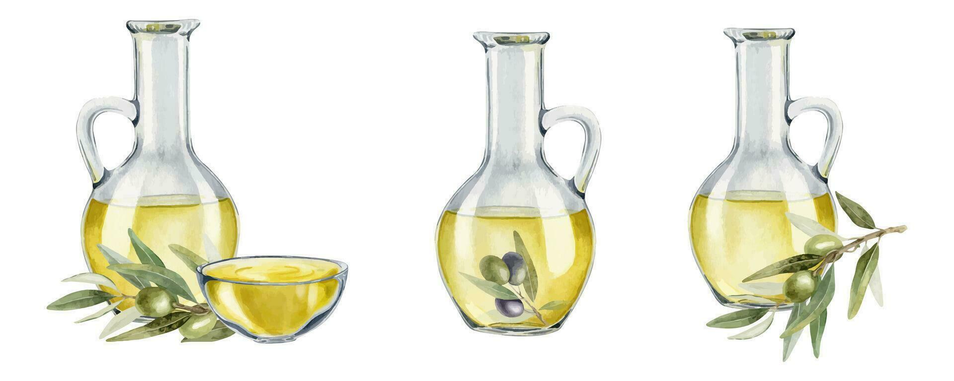 Set of Bottles of olive oil, olive branches, leaves and fruits. Fresh organic extra virgin olive oil. Glass jug with oil. Watercolor hand drawn illustration. For menu, packaging design vector