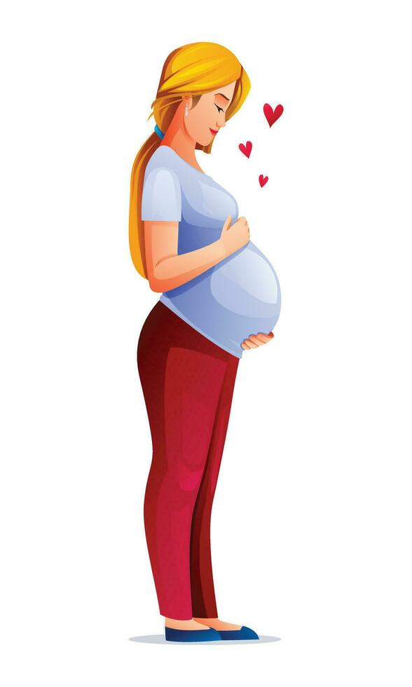 Pregnant woman hugging her belly, waiting for a baby. Vector cartoon illustration isolated on white background