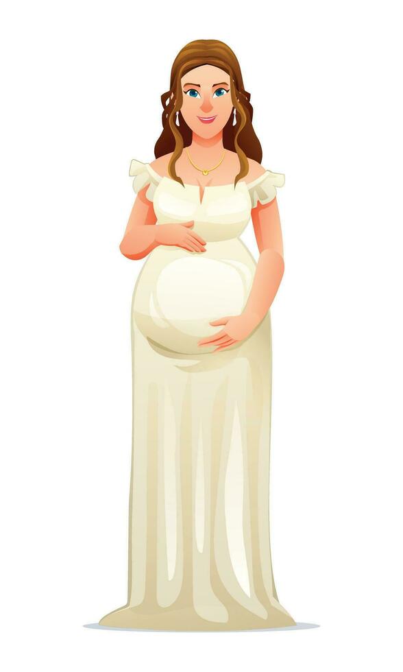 Pregnant woman hugging her belly, waiting for a baby. Vector illustration isolated on white background