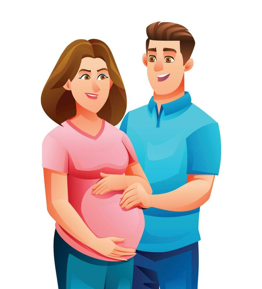contento embarazada mujer abrazando su barriga con su marido, esperando para un bebé. vector dibujos animados personaje ilustración