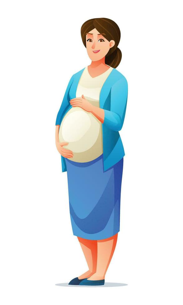 Happy pregnant woman holding her belly. Vector cartoon illustration isolated on white background