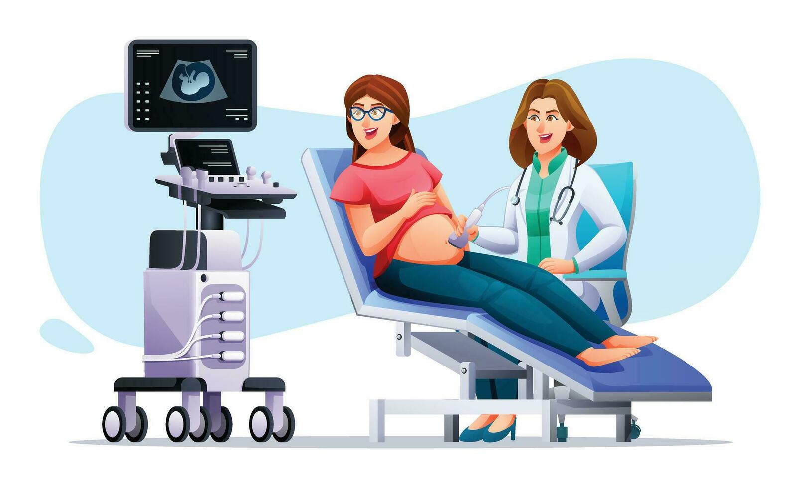 Pregnant woman have ultrasound in clinic. Consultation and check up pregnancy with doctor. Vector cartoon character illustration