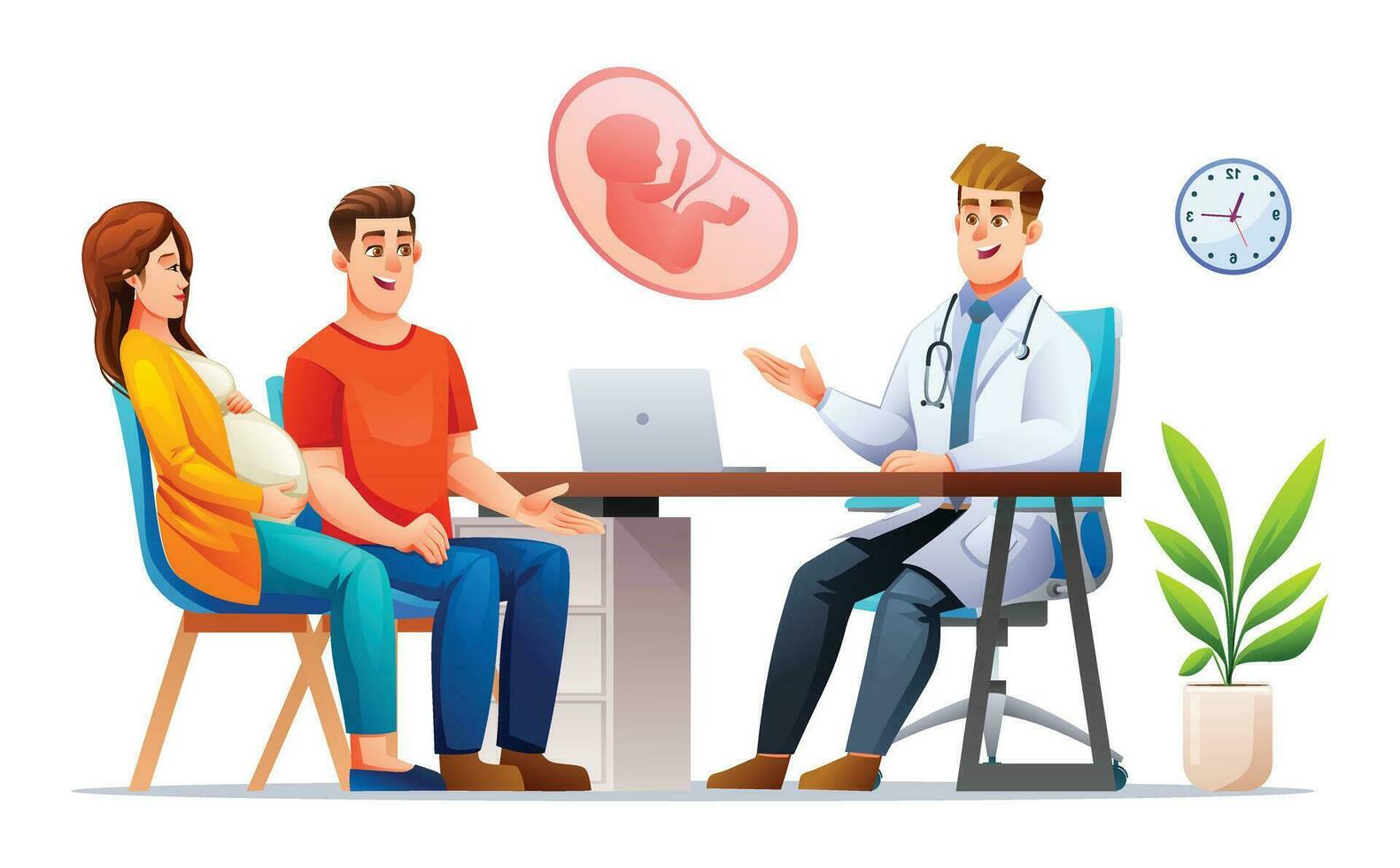 Man and woman couples consult pregnancy with doctor. Consultation and check up during pregnancy concept illustration. Vector cartoon character