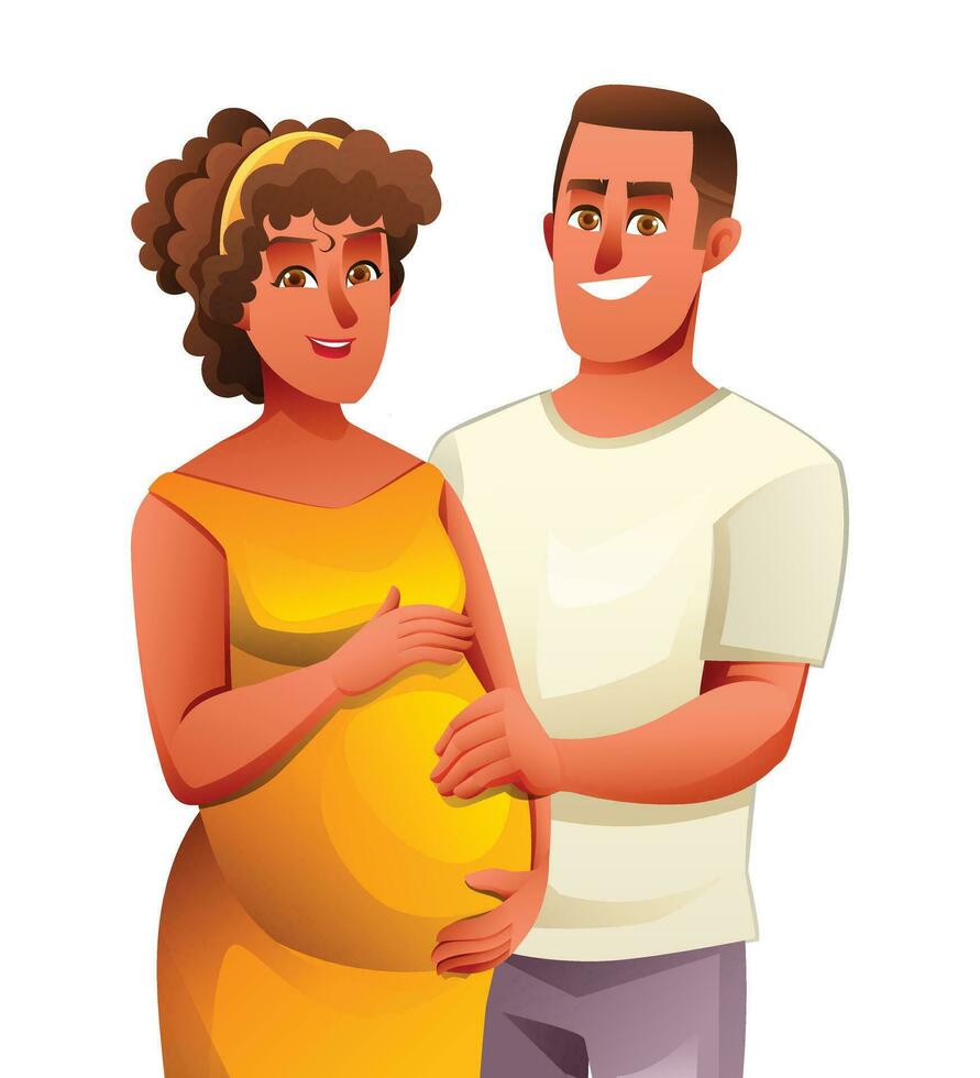 Happy pregnant woman hugging her belly with her husband, expecting for baby concept. Vector cartoon illustration