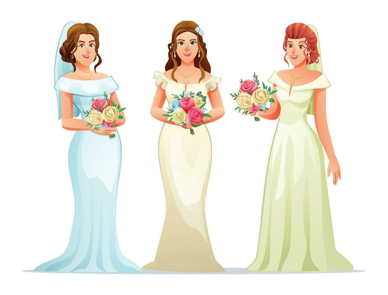 Set of bride characters holding bouquet. Vector cartoon illustration