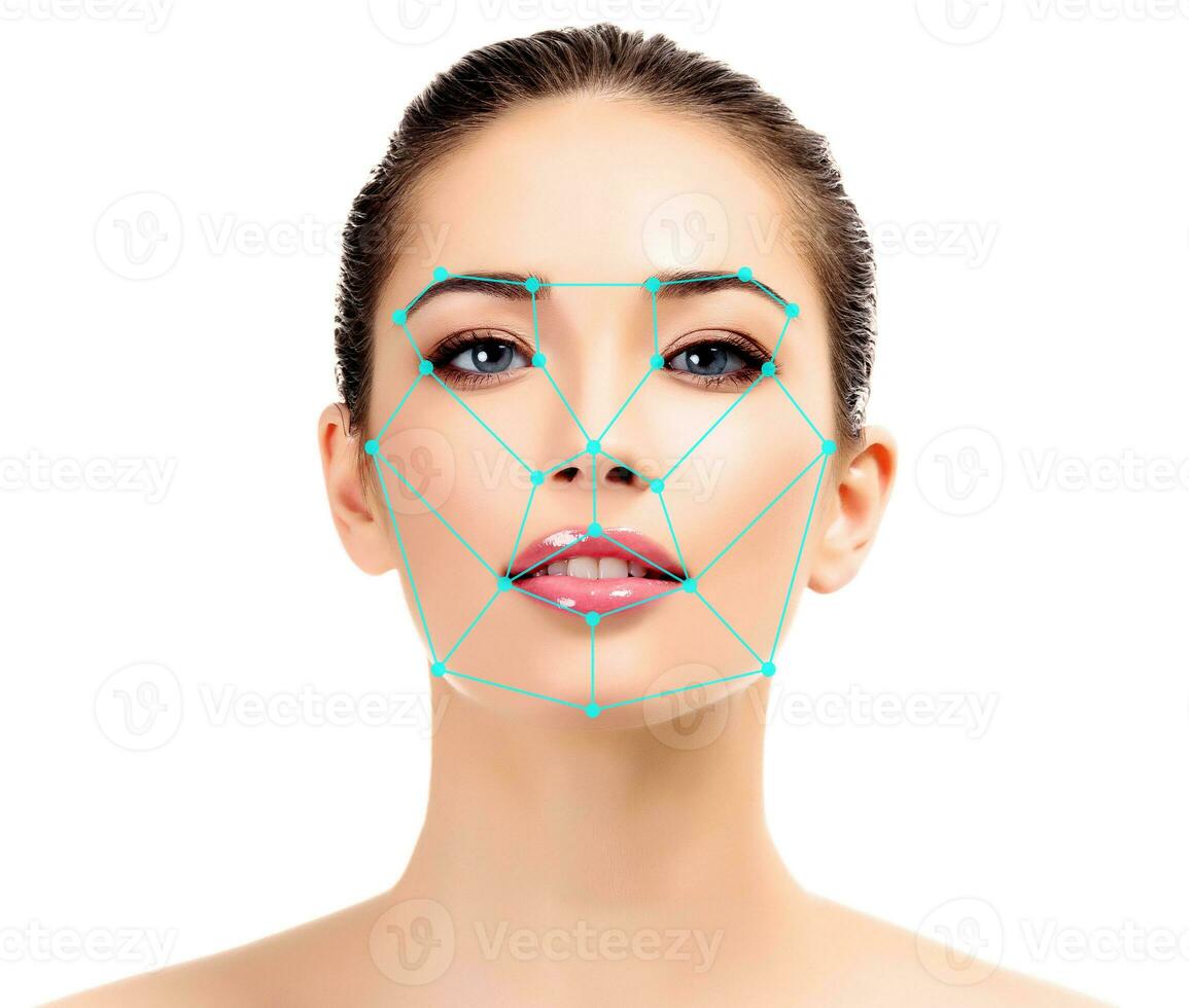Closeup shot of woman with scnanning grid on the face.  Security, facial ID recognition concept, isolated on white background photo