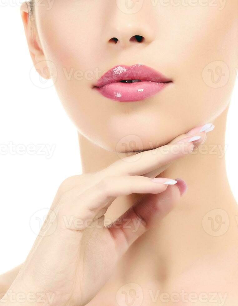 Beautiful girl with clean fresh skin, white background photo