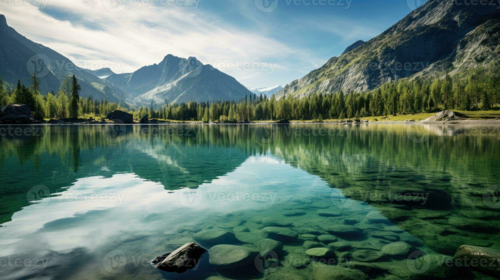 Emerald Lake Nature's Serenity Rocky Terrain in Foreground relax enjoy the background wallpaper. AI generative photo