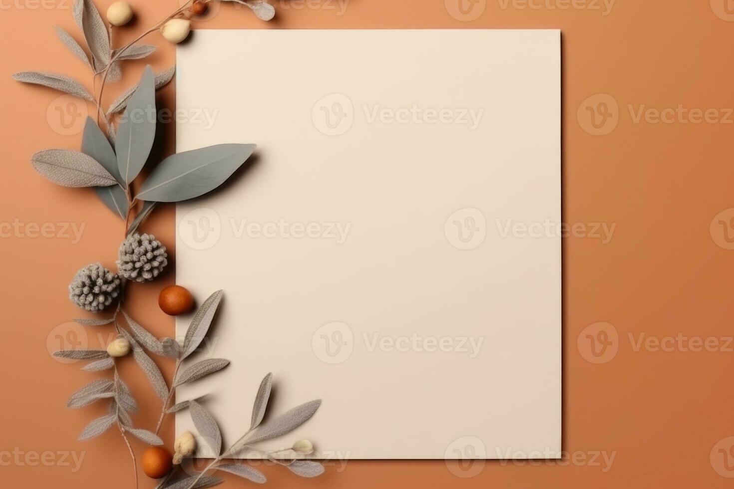 A white blank list with leaf berry and pine cone border on orange background. AI Generative photo