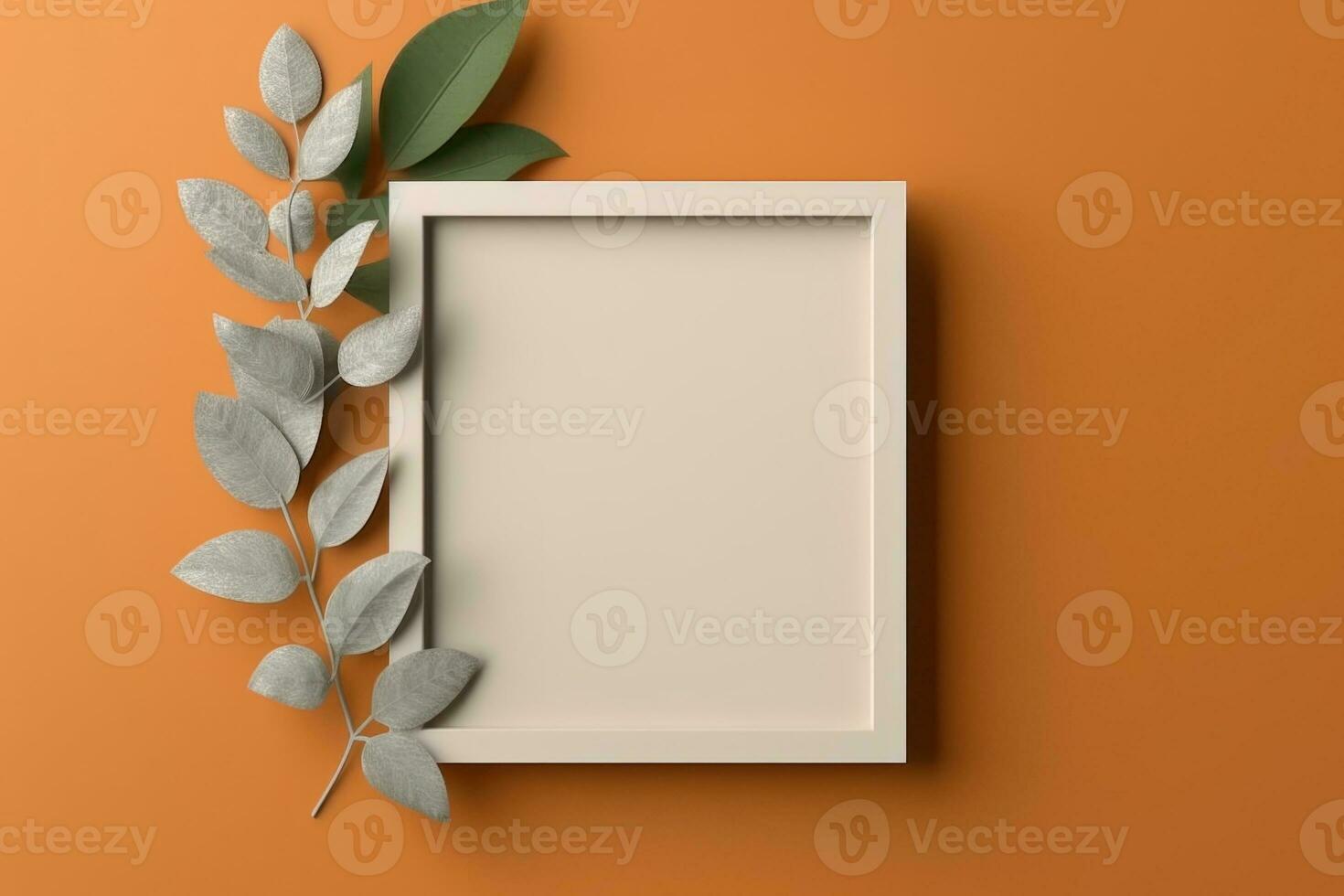A white square Frame with Copy Space mockup on an orange background with silver leaves on the left. AI Generative photo
