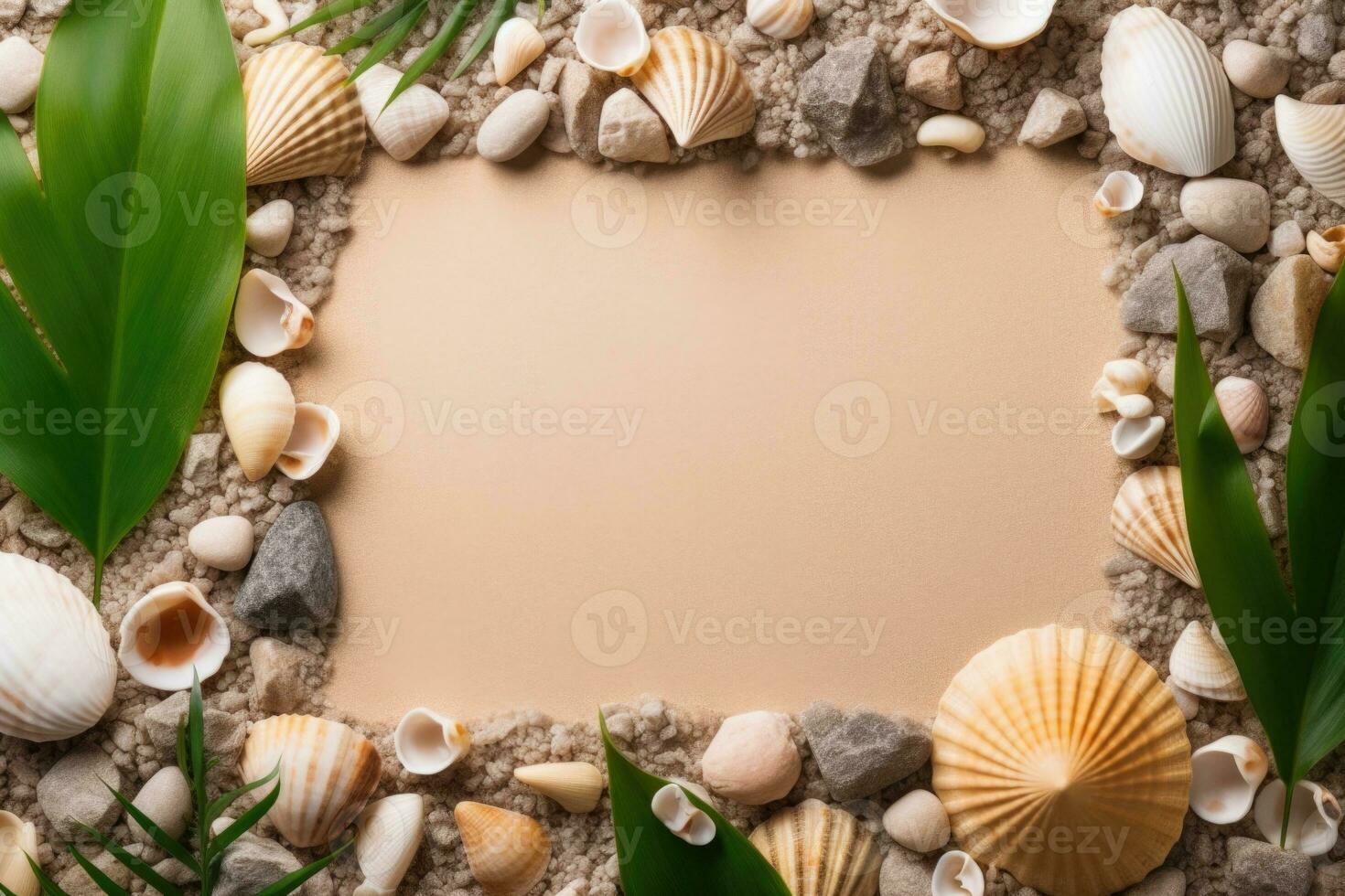 Seashells Frame with Copy Space mockup starfish pebbles on beige background shades of white orange. AI Generative photo