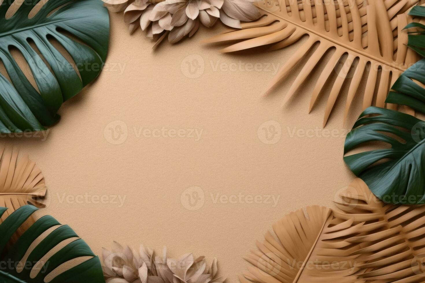 Frame with Copy Space mockup tropical leaves and flowers in different sizes and shapes. AI Generative photo