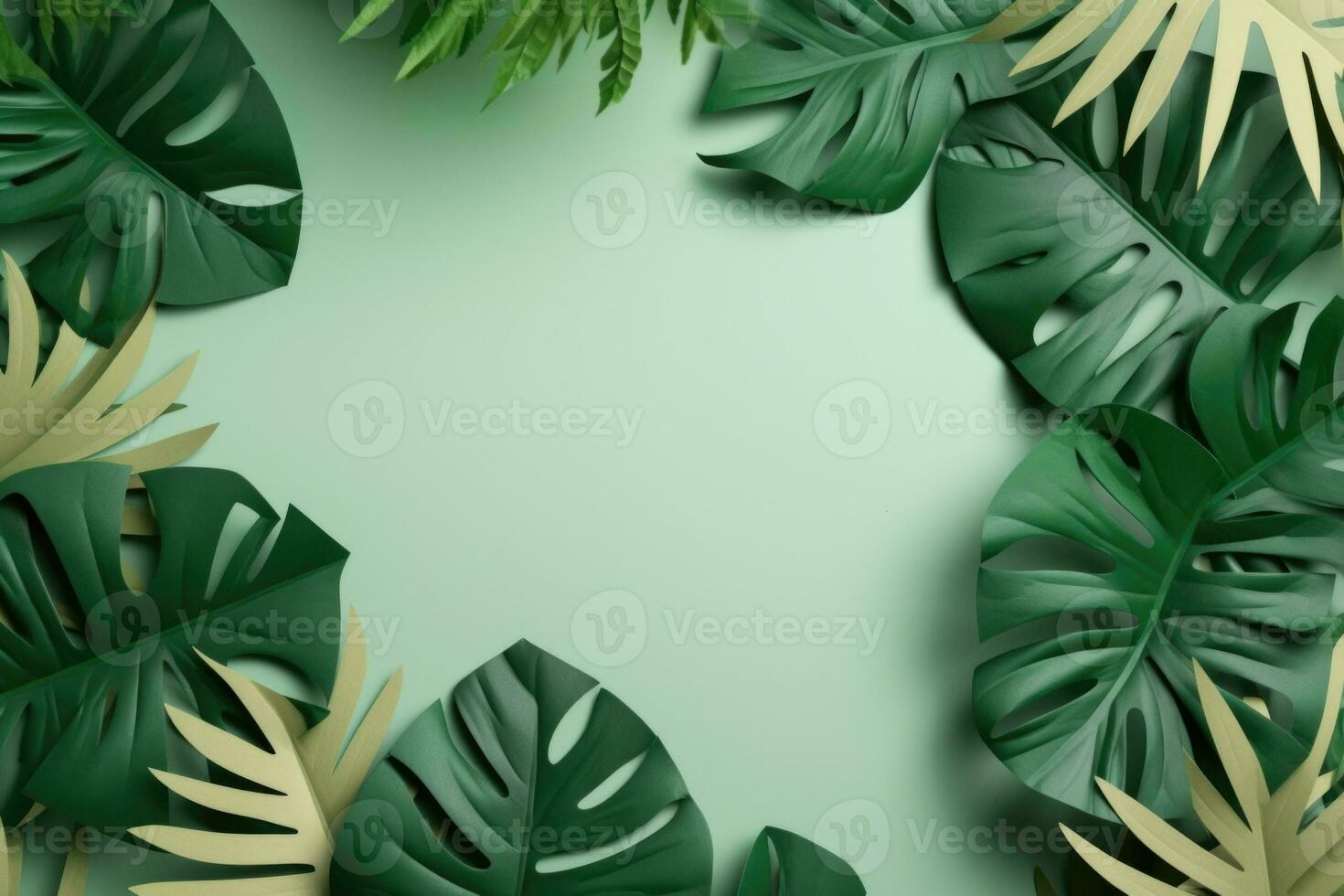 Green background with tropical leaves forming a frame around it. AI Generative photo