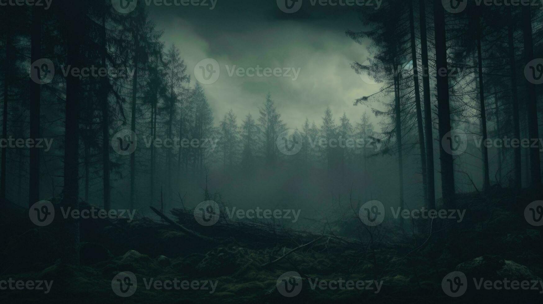 Dark Misty Forest Backdrop Enchanted Woods Gloomy Foggy Grove Mystery Halloween Background Nightmare. AI generative photo