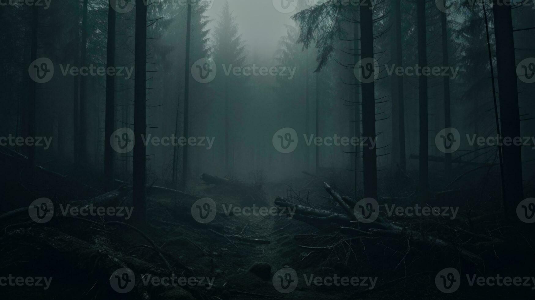 Dark Misty Forest Backdrop Enchanted Woods Gloomy Foggy Grove Mystery Halloween Background Nightmare. AI generative photo