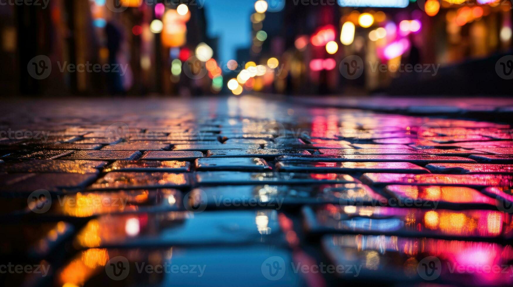 Reflections of lights on the wet road surface paving stones after rain night in big city background. AI generative photo