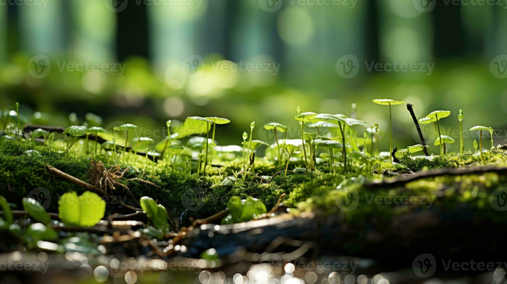 Moss Macro Nature a cluster of bright green plants grows on moss in a forest. AI generative photo
