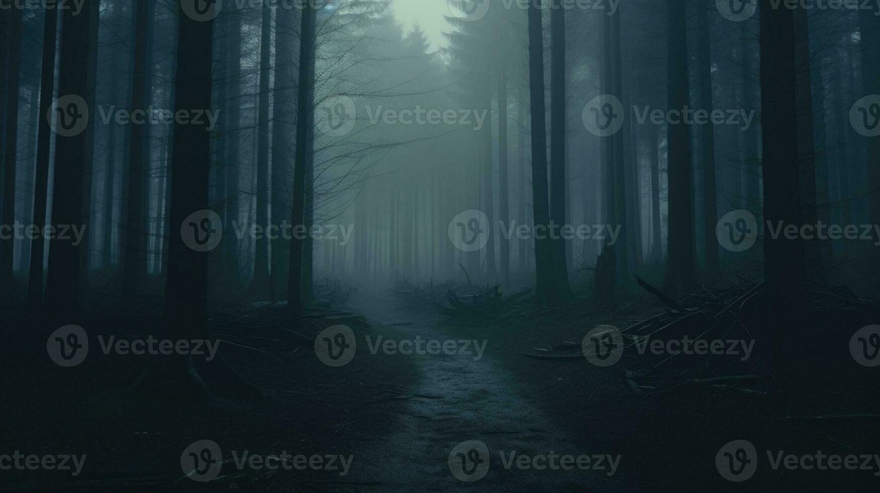Dark Misty Forest Backdrop Enchanted Woods Gloomy Foggy Grove Mystery Halloween Background Nightmare. AI generative photo