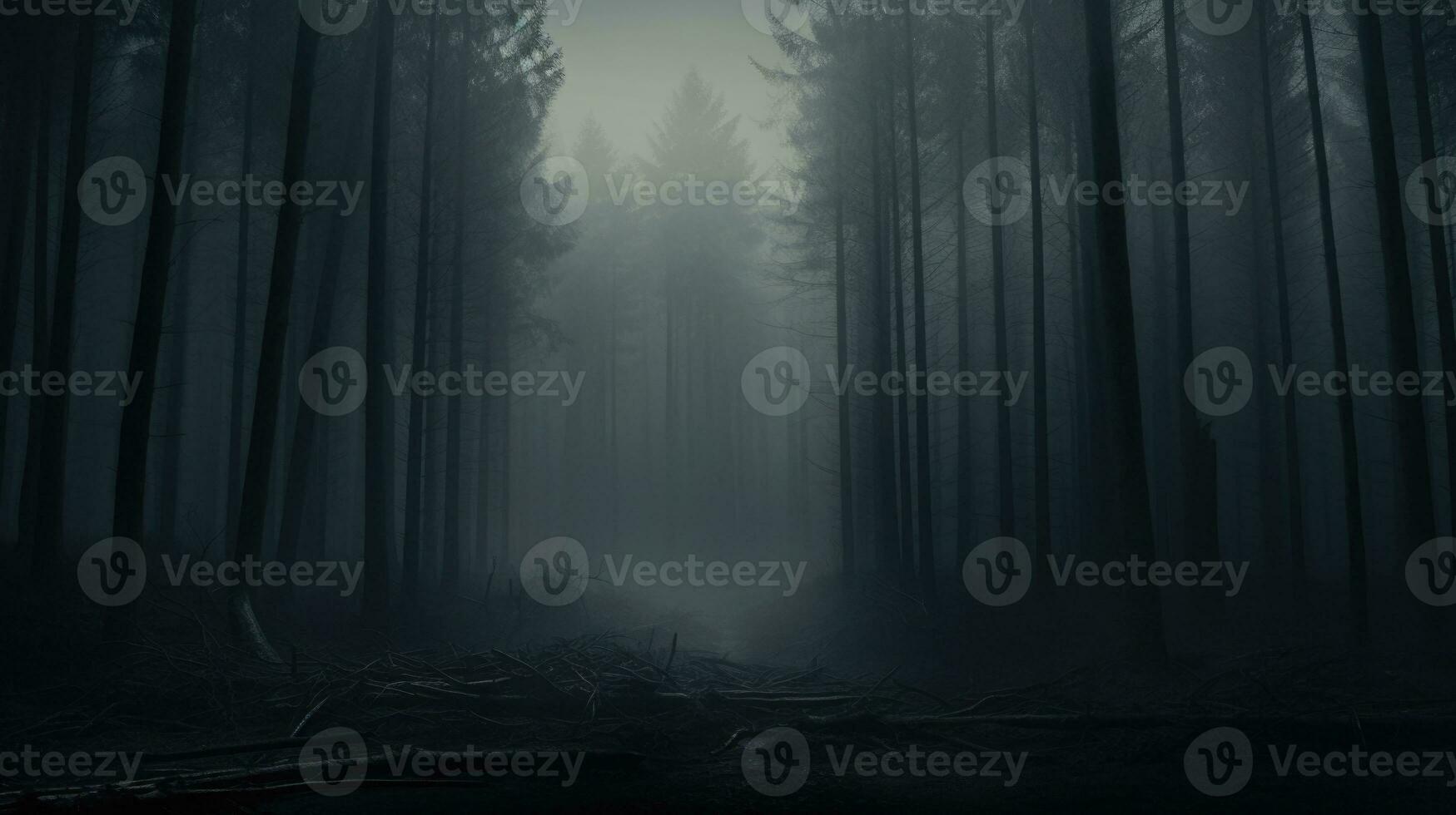 Dark Misty Forest Backdrop Enchanted Woods Gloomy Foggy Grove Mystery Halloween Background Nightmare. AI generative photo