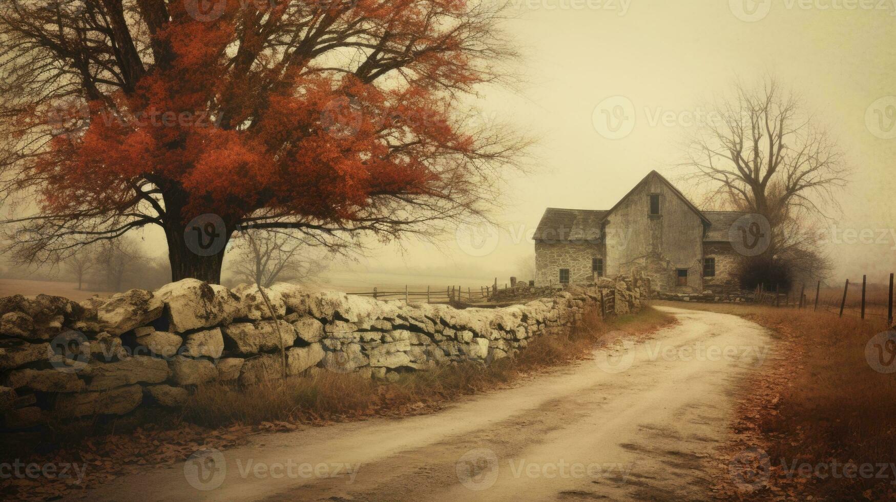 Foggy old scene with red tree stone wall and house AI Generative photo