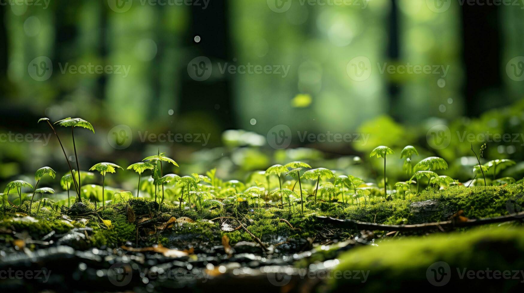 Moss Macro Nature a cluster of bright green plants grows on moss in a forest. AI generative photo