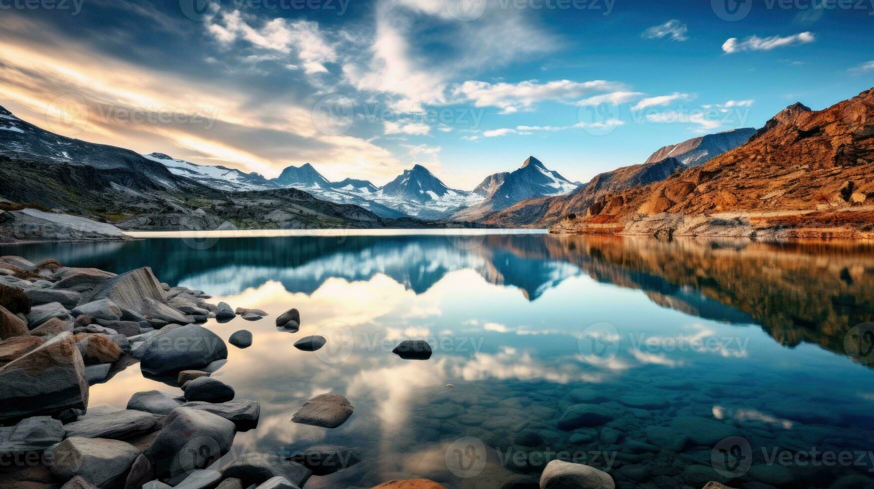 Emerald Lake Nature's Serenity Rocky Terrain in Foreground relax enjoy the background wallpaper. AI generative photo