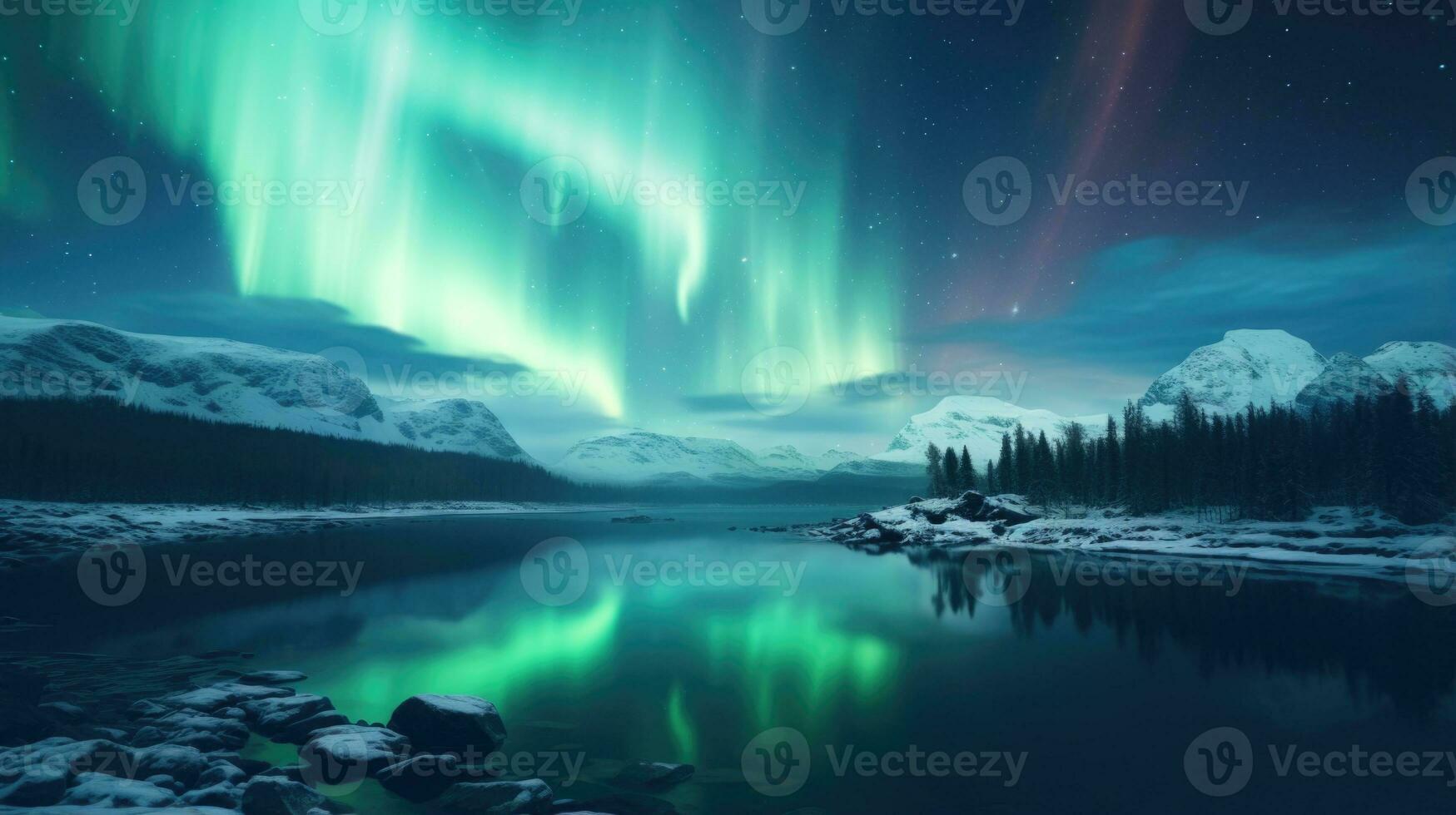 Aurora borealis y Aurora australis simultaneamente Encendiendo arriba el polar cielo fondo de pantalla. ai generativo foto