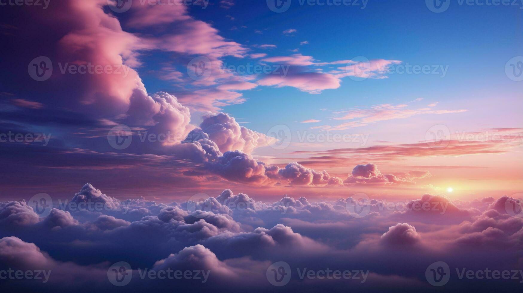 Beautiful aerial view above pink fluffy clouds at sunset or sunrise blue pink sun peeks over horizon. AI generative photo