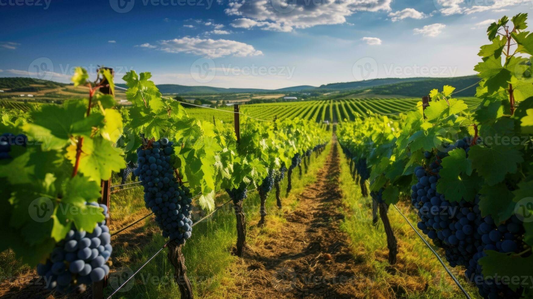 Green field with rows of vines for harvesting. Ripe grapes for the production of fine wines. AI generative photo