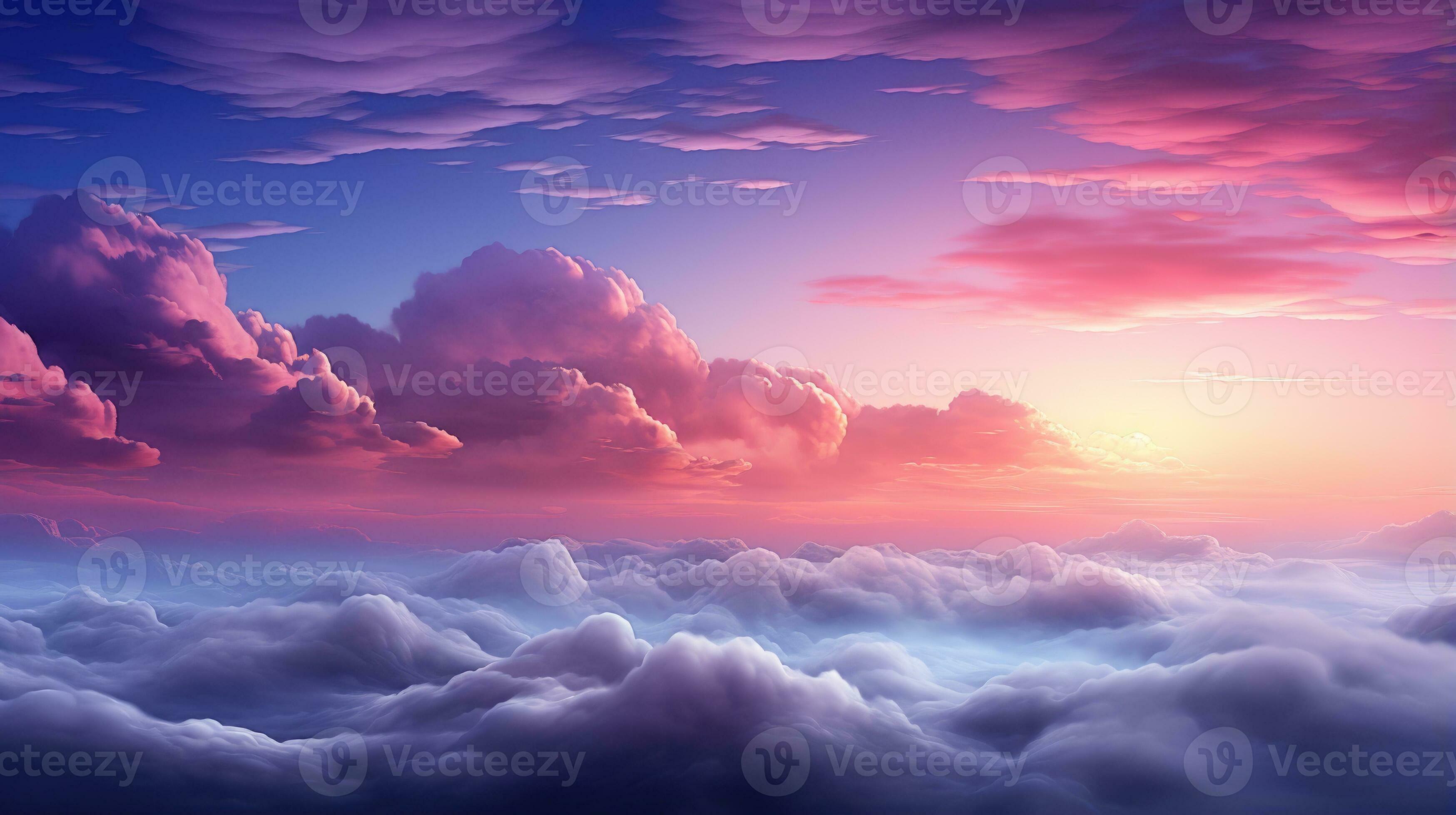 Beautiful aerial view above pink fluffy clouds at sunset or sunrise blue  pink sun peeks over horizon. AI generative 33837452 Stock Photo at Vecteezy