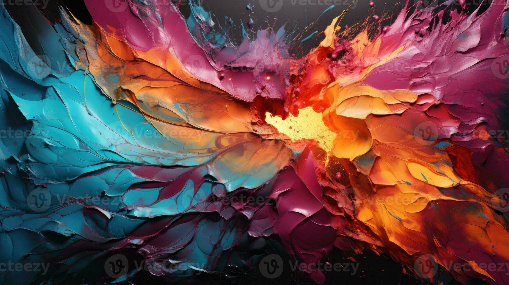 Explosion splash of brightly colored paint swirls in a black background. AI generative photo