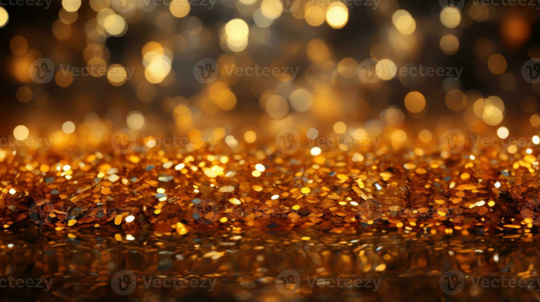 Close up of shiny, golden particles. Irregular shapes, varying sizes. Warm, festive mood background. AI generative photo