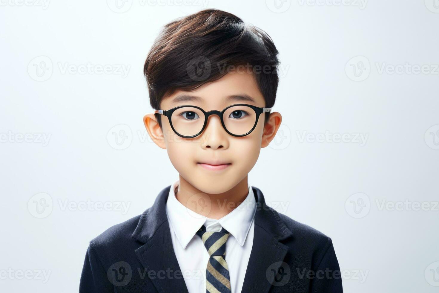Happy School pupil, Asian boy in glasses on isolated on studio background with copy space, back to school. AI generative photo