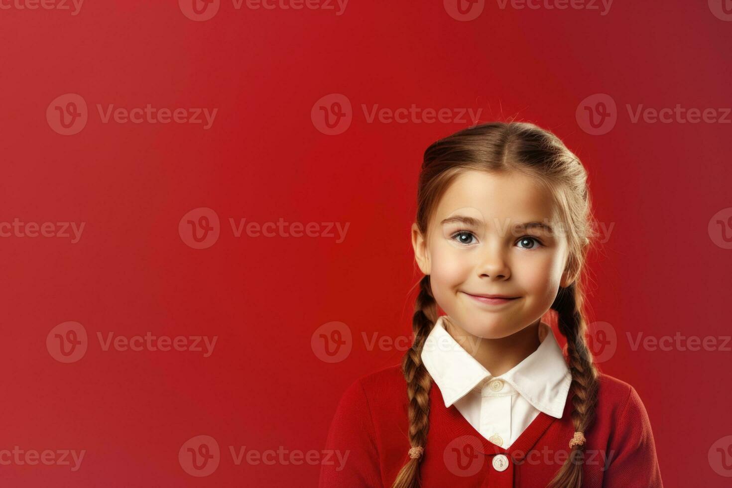 Happy School pupil, girl on isolated on studio background with copy space, back to school. AI generative photo