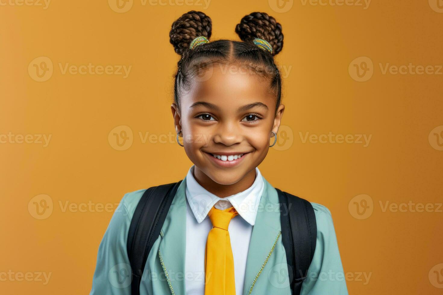 Happy School pupil, African-American girl on isolated on studio background with copy space, back to school. AI generative photo