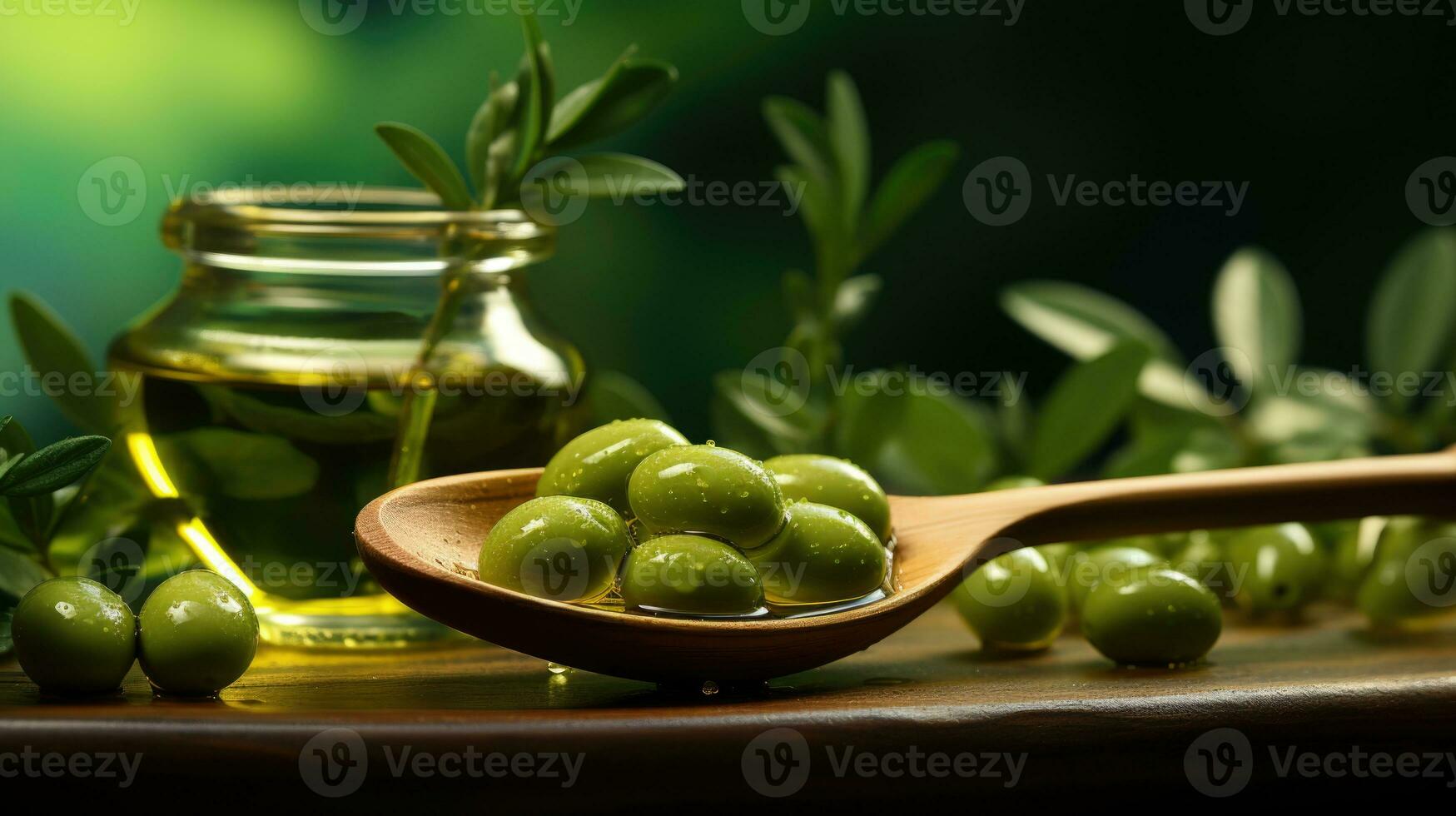 Olive oil pours from a wooden spoon with olives. AI generative photo
