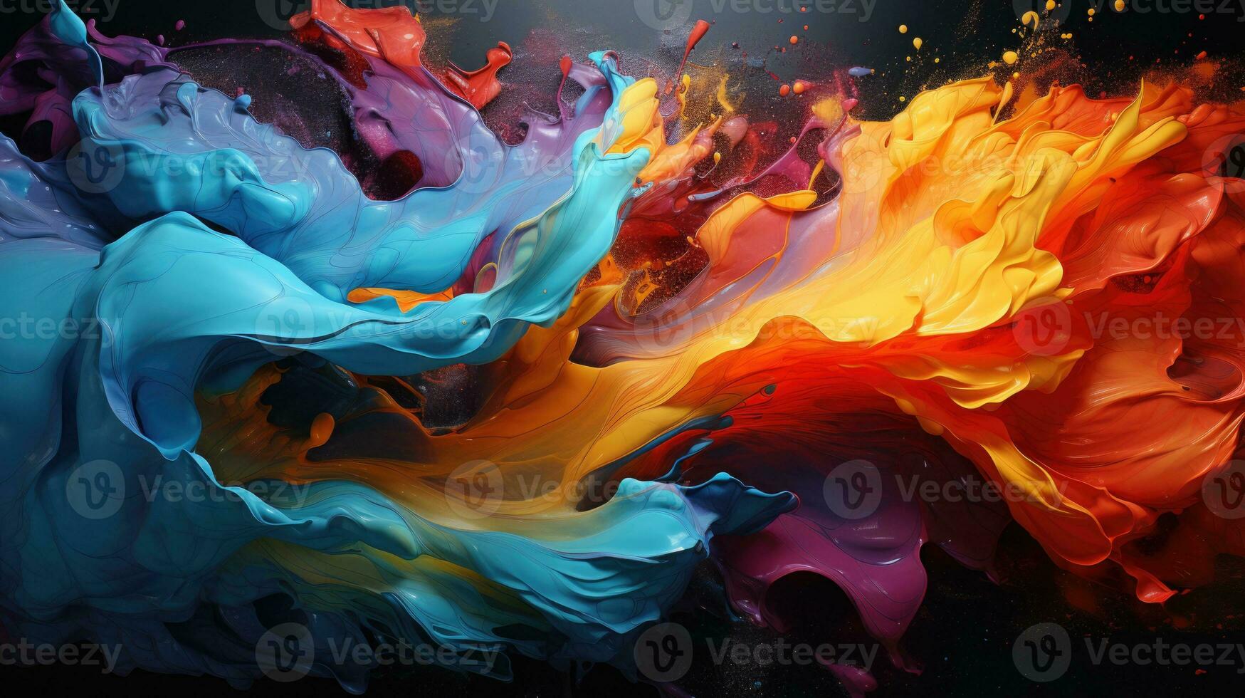Explosion splash of brightly colored paint swirls in a black background. AI generative photo