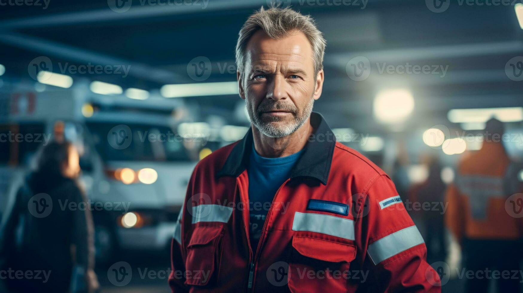 retrato de un ems paramédico con orgullo en pie en frente de cámara en alto visibilidad médico rojo uniforme. exitoso emergencia médico técnico o médico a trabajar. ai generativo foto