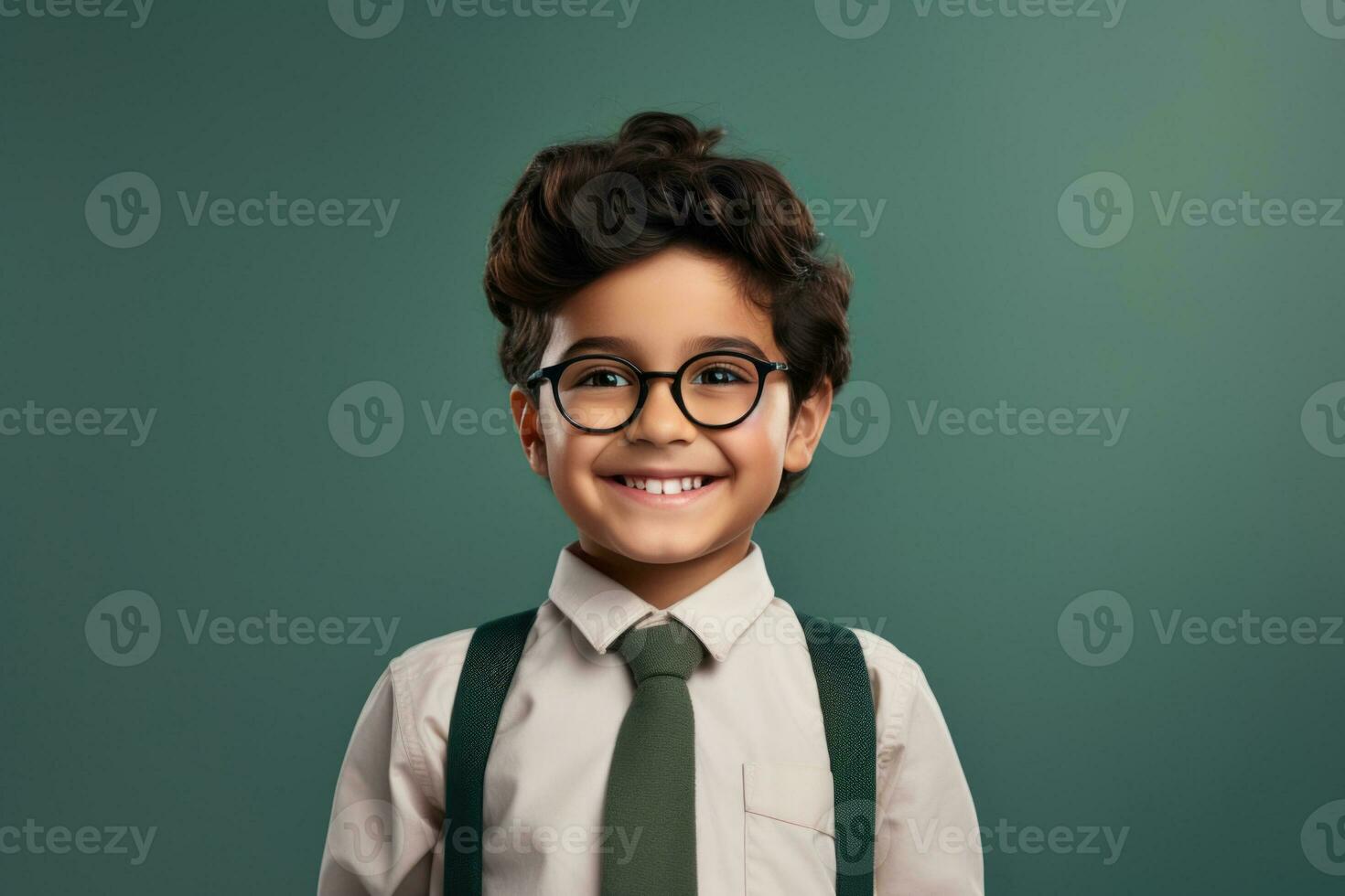 Happy School pupil, Hispanic boy in glasses on isolated on studio background with copy space, back to school. AI generative photo