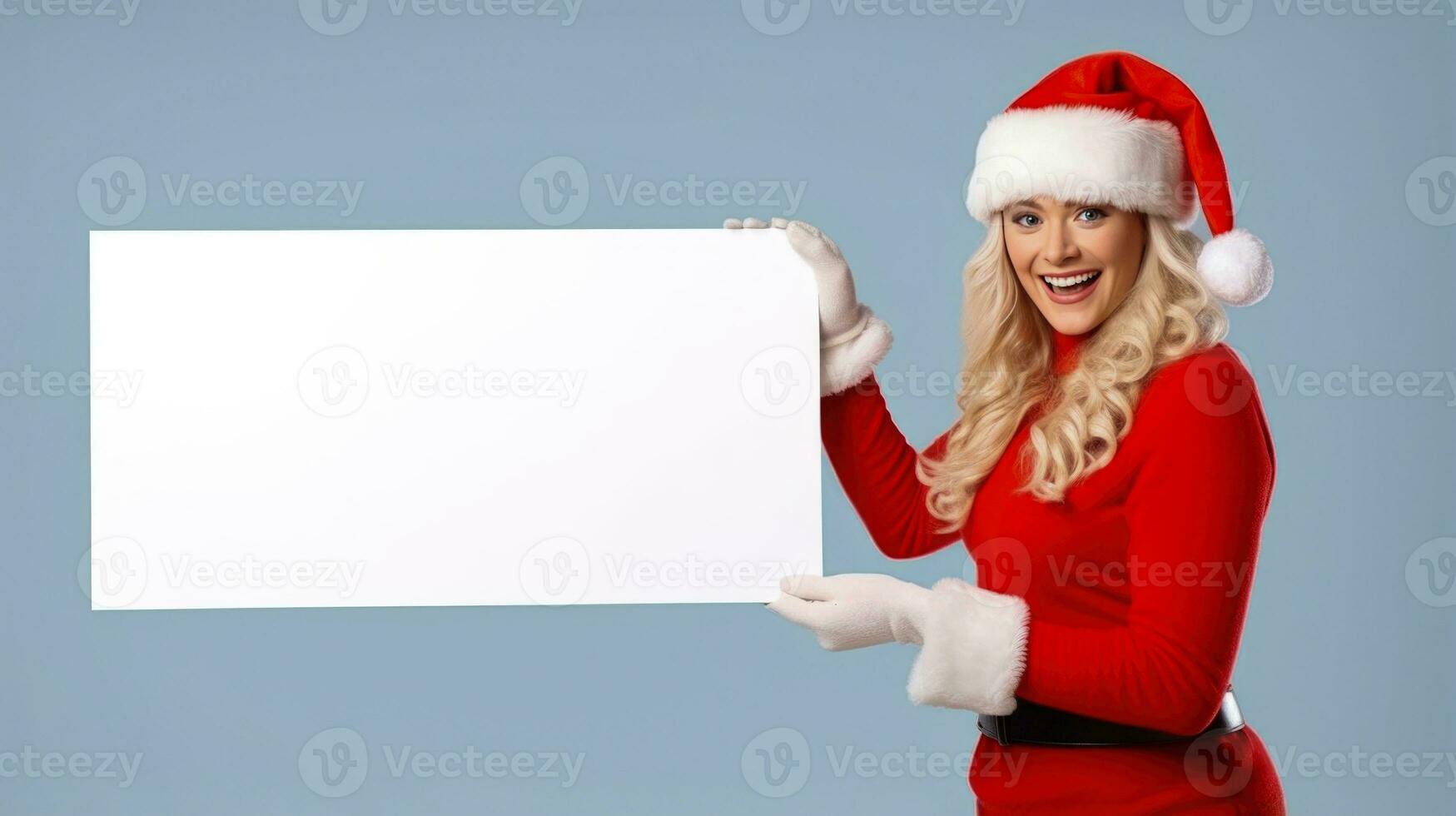 Happy Woman Wearing a Santa's Hat for Christmas Holding a Blank Sign on a Blue Background with Space for Copy. AI generative photo