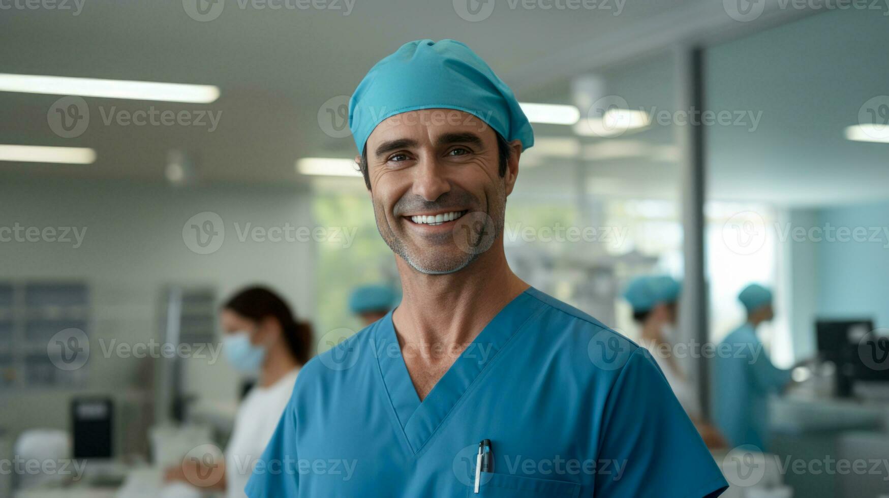 Portrait of smiling handsome male professional doctor nurse physician pediatrician wearing blue robe around neck standing in modern private clinic hospital, looking at camera. AI generative photo