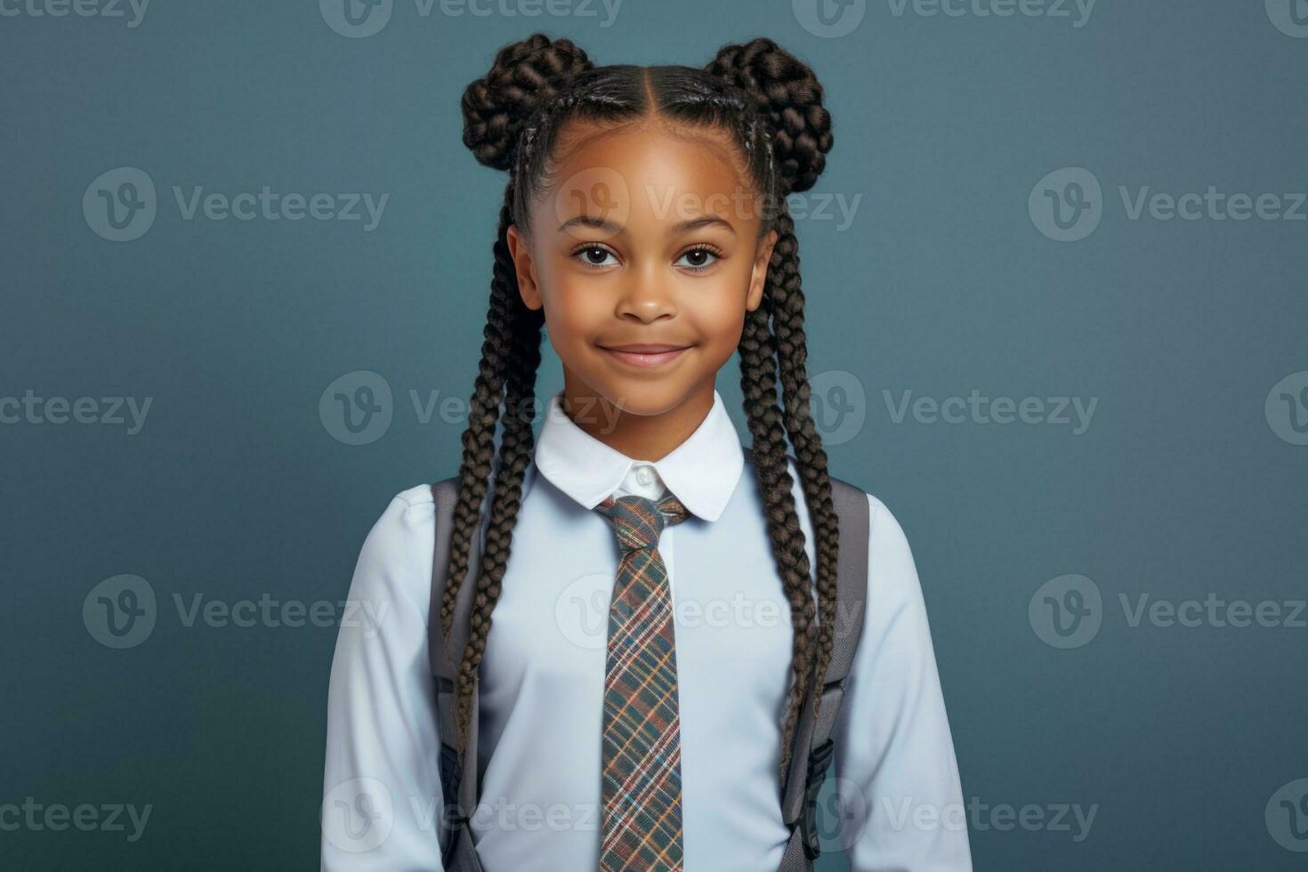 Happy School pupil, African-American girl on isolated on studio background with copy space, back to school. AI generative photo