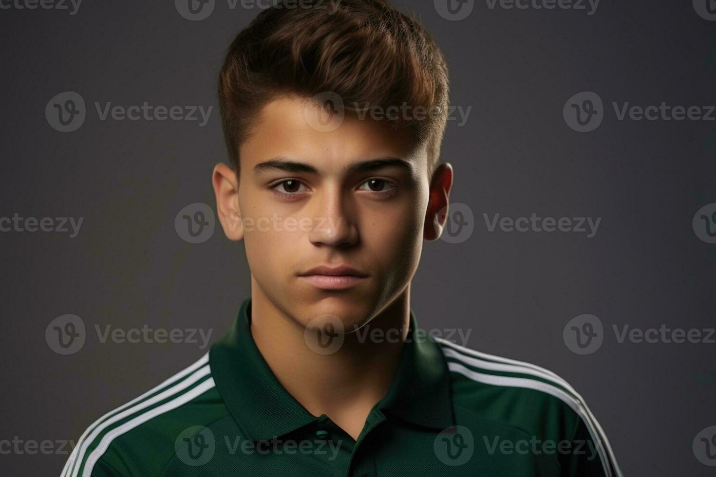 Portrait of a happy Mexican boy teenage sport student on isolated on studio background with copy space, back to school. AI generative photo