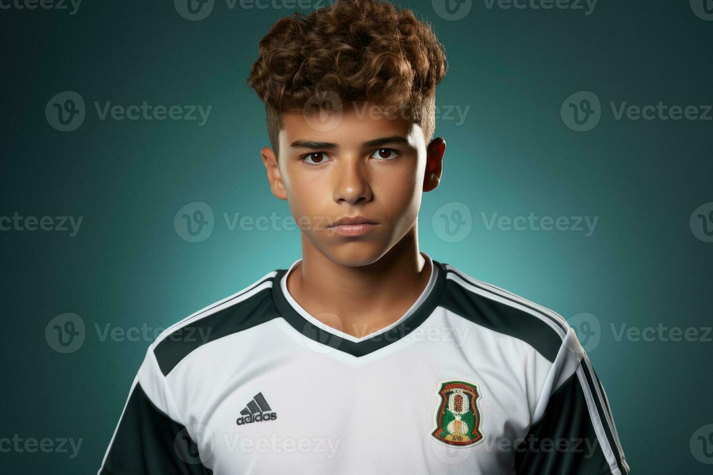 Portrait of a happy Mexican boy teenage sport student on isolated on studio background with copy space, back to school. AI generative photo