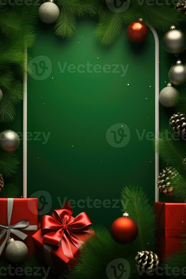 Christmas frame with xmas tree on green canvas background. Merry Christmas card. Winter holiday theme. Happy New Year. Space for text. AI generative photo