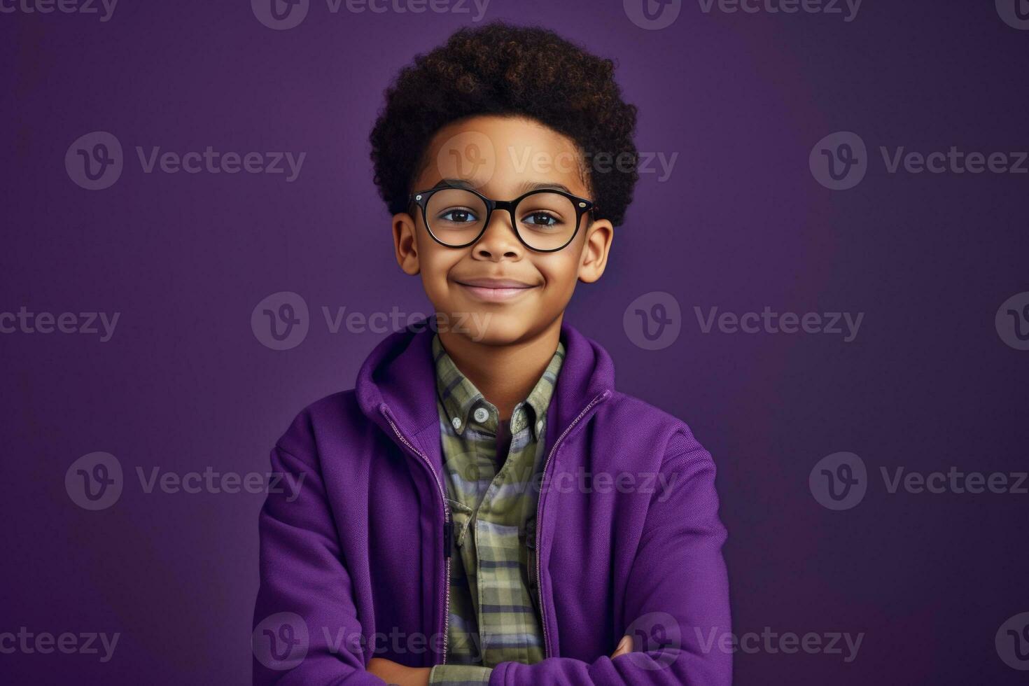 Happy School pupil, African-American boy in glasses on isolated on studio background with copy space, back to school. AI generative photo