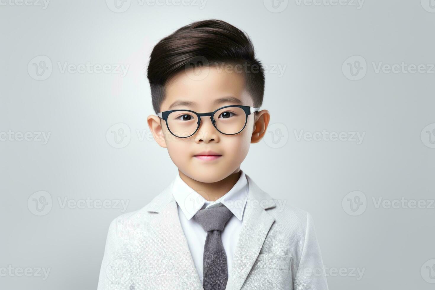 Happy School pupil, Asian boy in glasses on isolated on studio background with copy space, back to school. AI generative photo