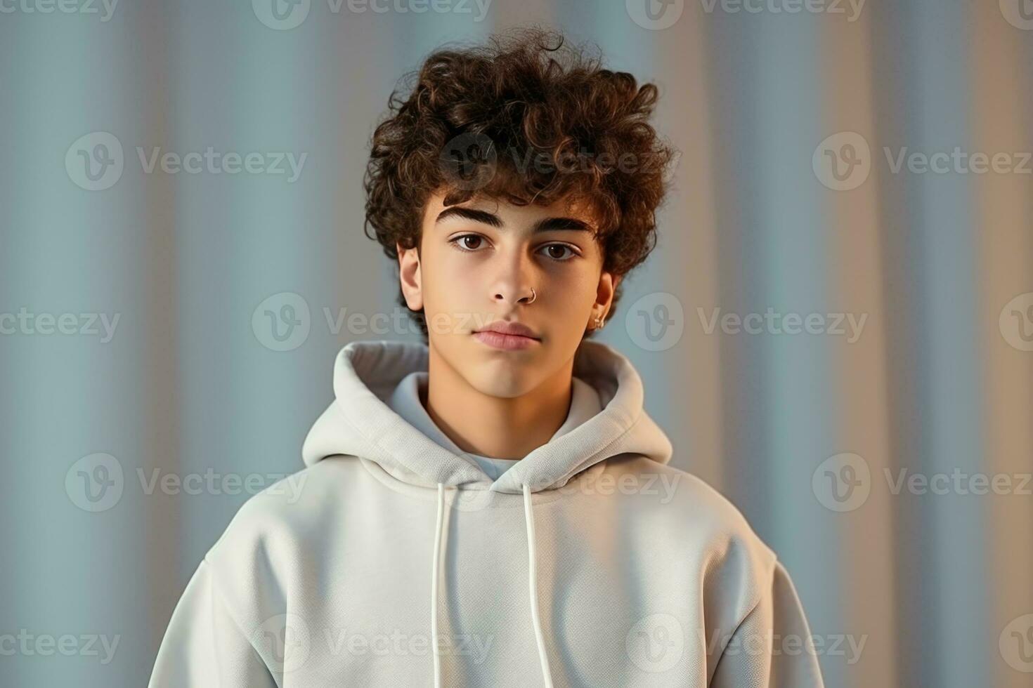 Portrait of a happy teenage boy student on isolated on studio background with copy space, back to school. AI generative photo